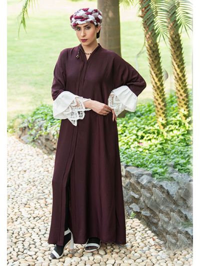 Burgundy Abaya With White Net Sleeves