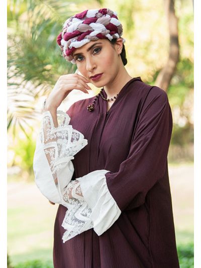 Burgundy Abaya With White Net Sleeves