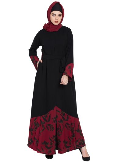 Front Open Dress Abaya with Printed Georgette Panel