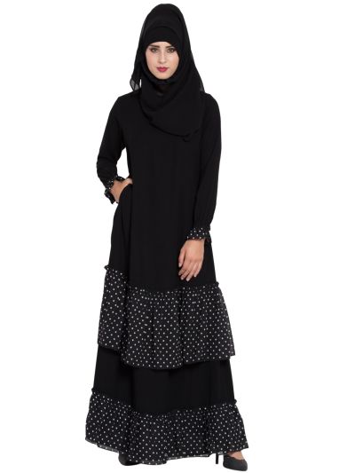 Black Abaya Dress with Contrast Polka Layers