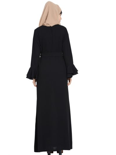 Abaya Dress with Double Layers of Bell Sleeves and Matching Belt