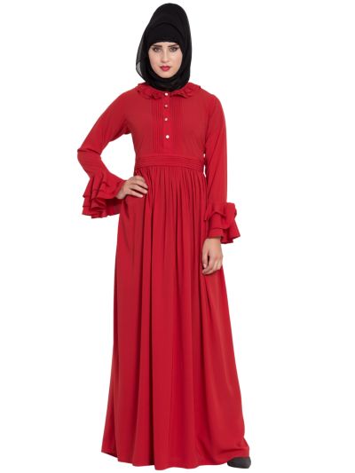 Red Abaya Dress With Mutiple Detailings