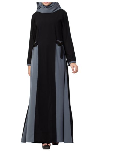 Dual Color Abaya Like Dress with Pockets and Buckled Belts
