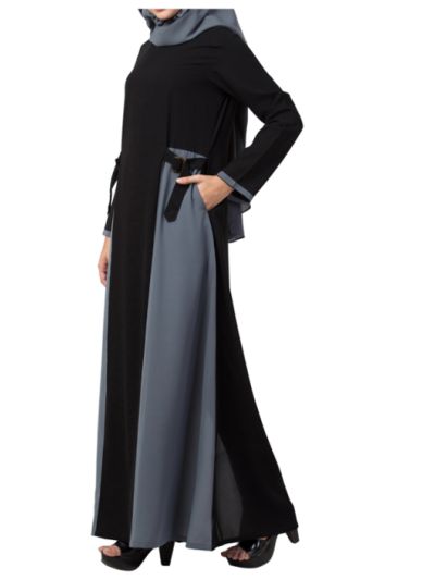 Dual Color Abaya Like Dress with Pockets and Buckled Belts