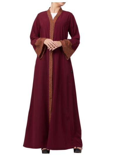 Front Open Abaya Dress With Contrast Panel & Sleeves