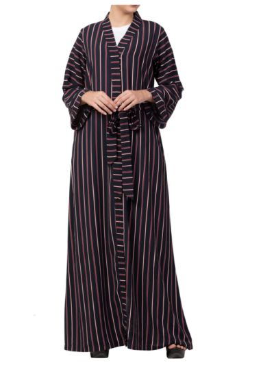 Long Abaya Like Dress in Stripes With Pockets and Belt