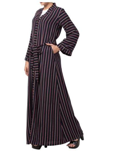 Long Abaya Like Dress in Stripes With Pockets and Belt