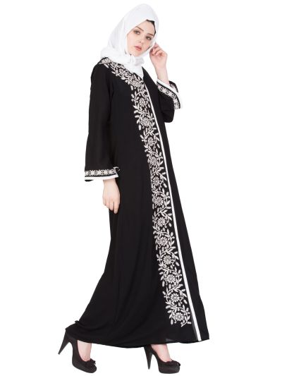 Floral Embroidered Front Open Abaya