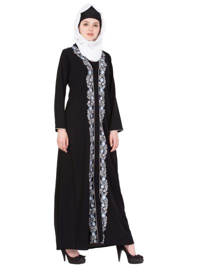 Black & White Embroidered Front Open Abaya
