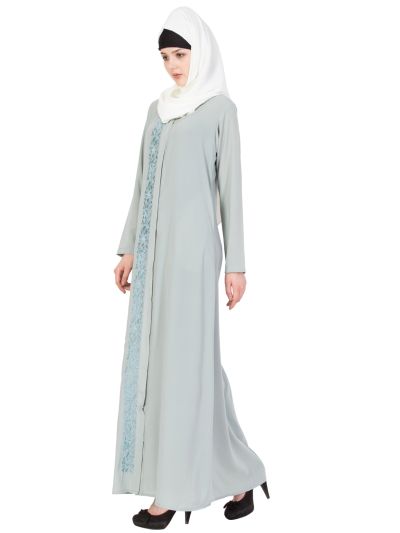 Sea Green Embroidered Front Open Abaya