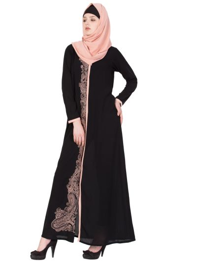 Black & Peach Embroidered Front Open Abaya