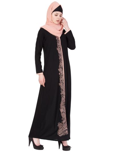 Black & Peach Embroidered Front Open Abaya