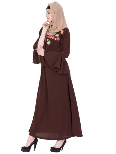 Brown Embroidered Bell Sleeves Abaya