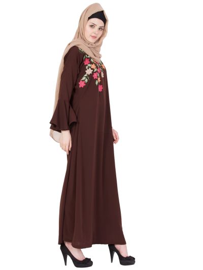 Brown Embroidered Bell Sleeves Abaya