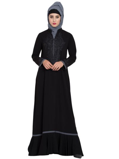Embroidered Black Abaya With Designer Bottom and Contrast Piping