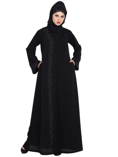 Gorgeous Front Open Embroidered Abaya with Black Stones
