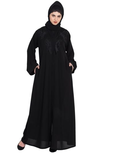 Charming Front Open Embroidered Abaya with Black Stones