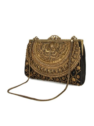 Ava Black & Gold Brass Frame Handbag