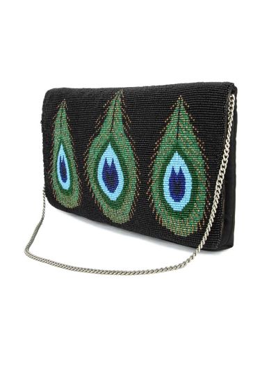 Hannah Peacock Feather Black Clutch Bag