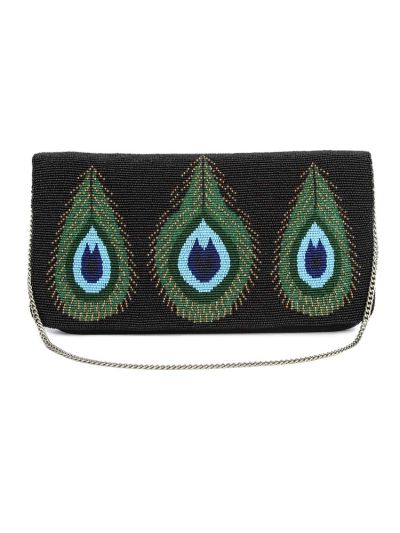 Hannah Peacock Feather Black Clutch Bag