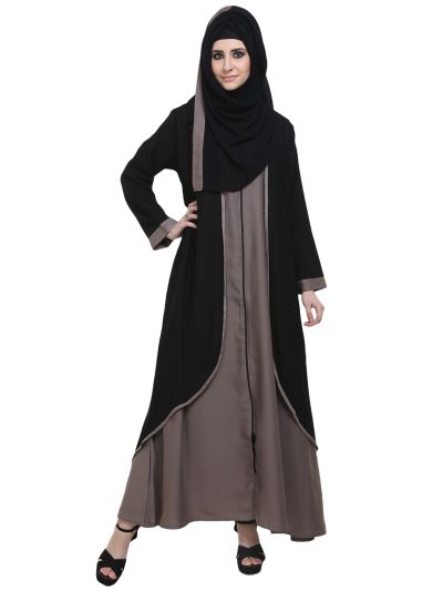 Black & Silver Zipper Front Open Abaya