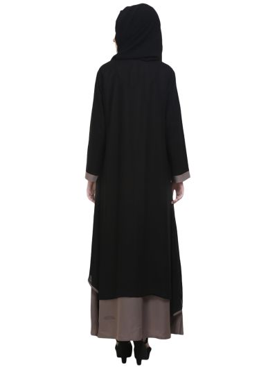 Black & Silver Zipper Front Open Abaya