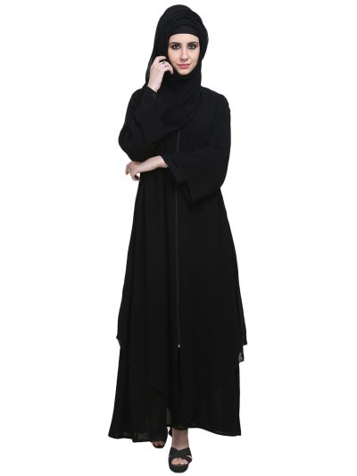 Black Designer Double Layer Zipper Front Open Abaya