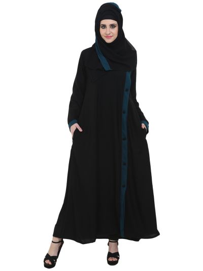 Black Side Open Abaya with Teal Green Panel