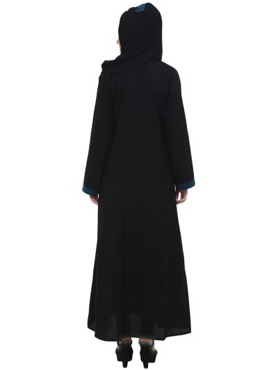 Black Side Open Abaya with Teal Green Panel
