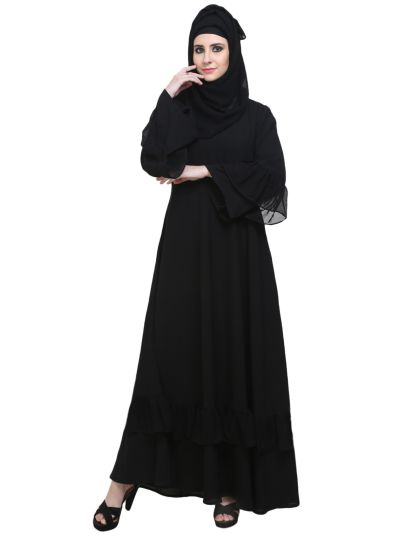 Black Large Flare Frill Designer Abaya