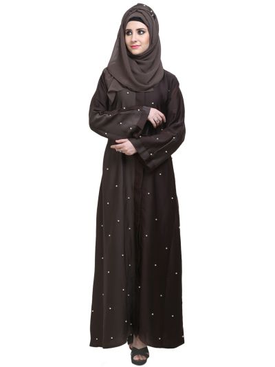 Coffee & Dusty Nida Front Open With Pearl Work Abaya