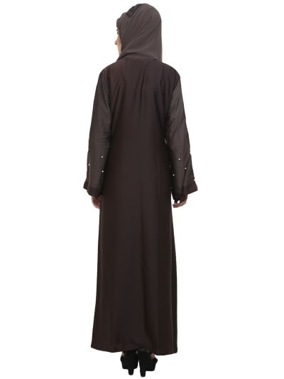 Coffee & Dusty Nida Front Open With Pearl Work Abaya