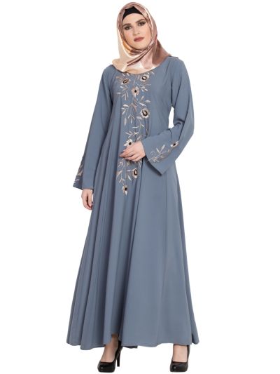 Grey Stylish Kali Designer Abaya With Embroidery