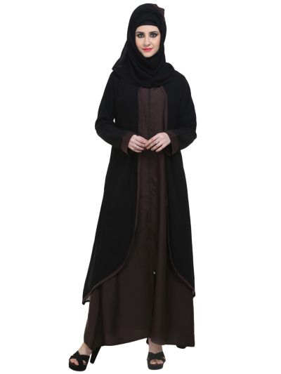 Black & Coffee Double Layer Zipper Front Open Abaya