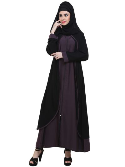 Black & Purple Double Layer Zipper Front Open Abaya