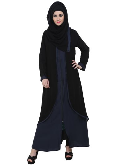 Black & Navy Blue Double Layer Zipper Front Open Abaya