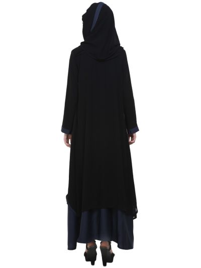 Black & Navy Blue Double Layer Zipper Front Open Abaya