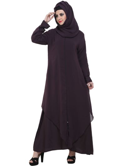 Purple Double Layer Desginer Zipper Front Open Abaya