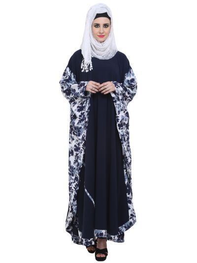 Navy Blue Printed Fabric Kaftaan Style Abaya