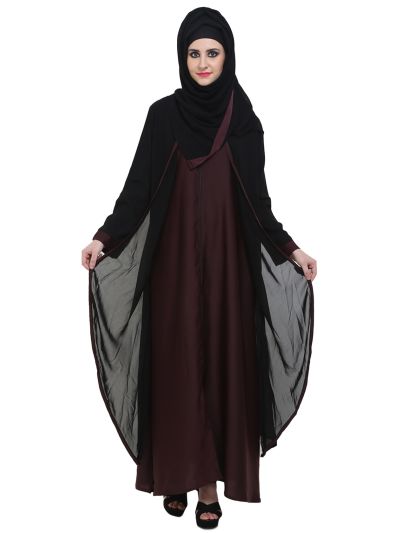 Black & Maroon Double layer Zipper Front Open Abaya