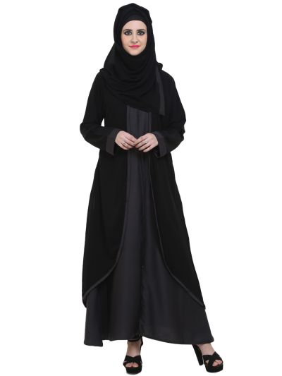 Black & Dark Grey Double layer Zipper Front Open Abaya