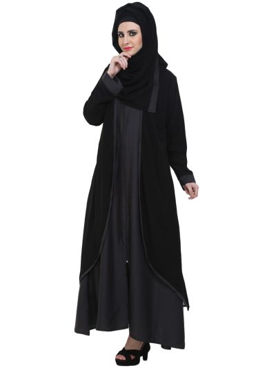 Black & Dark Grey Double layer Zipper Front Open Abaya