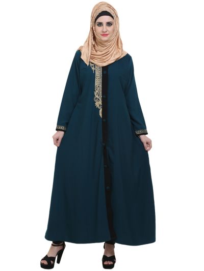 Teal Green Front Open Zari Work Abaya