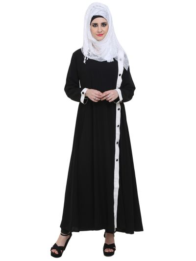 Black Side Front Open Abaya with White Panel