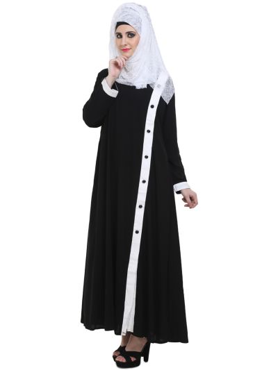 Black Side Front Open Abaya with White Panel