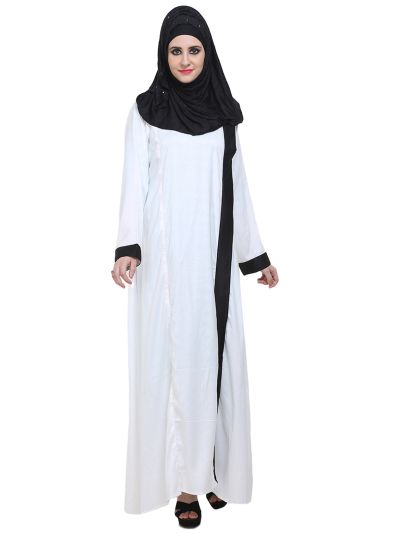 White Side Front Open Abaya with Black Panel