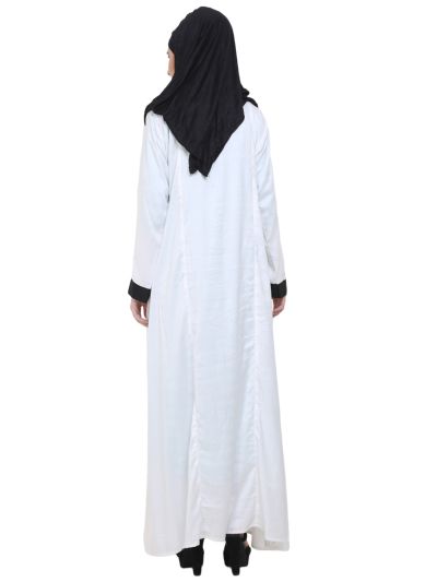 White Side Front Open Abaya with Black Panel