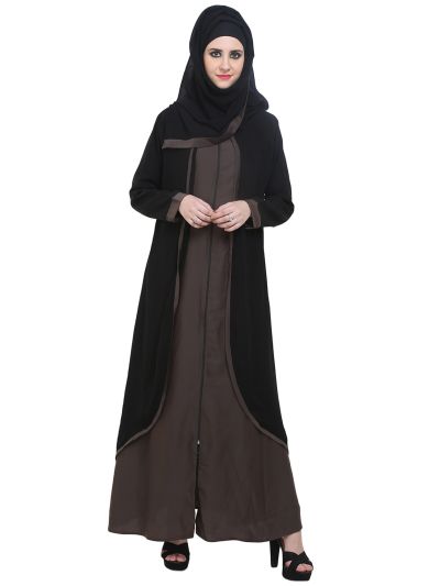 Black & Dusty Double Layer Zipper Front Open Abaya