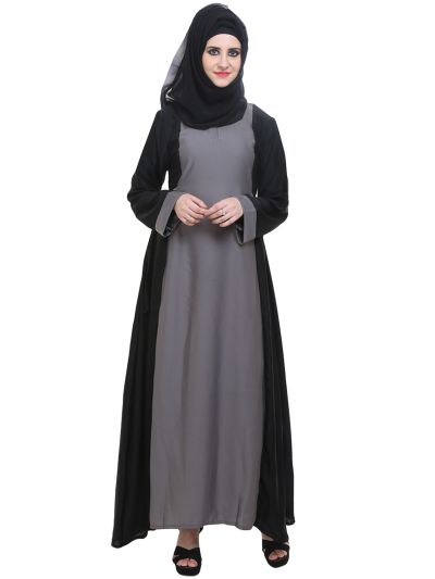 Black & Grey Simple Flare Side Belt Abaya