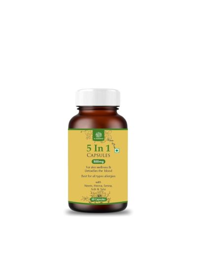 5-in-1 Herbal Capsules 500mg with Neem, Tulsi, Henna, Senna & Sidr for All Skin Types, 60 Capsules 